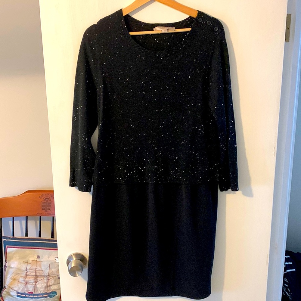 LOFT mixed media black sweater/poly dress M EUC